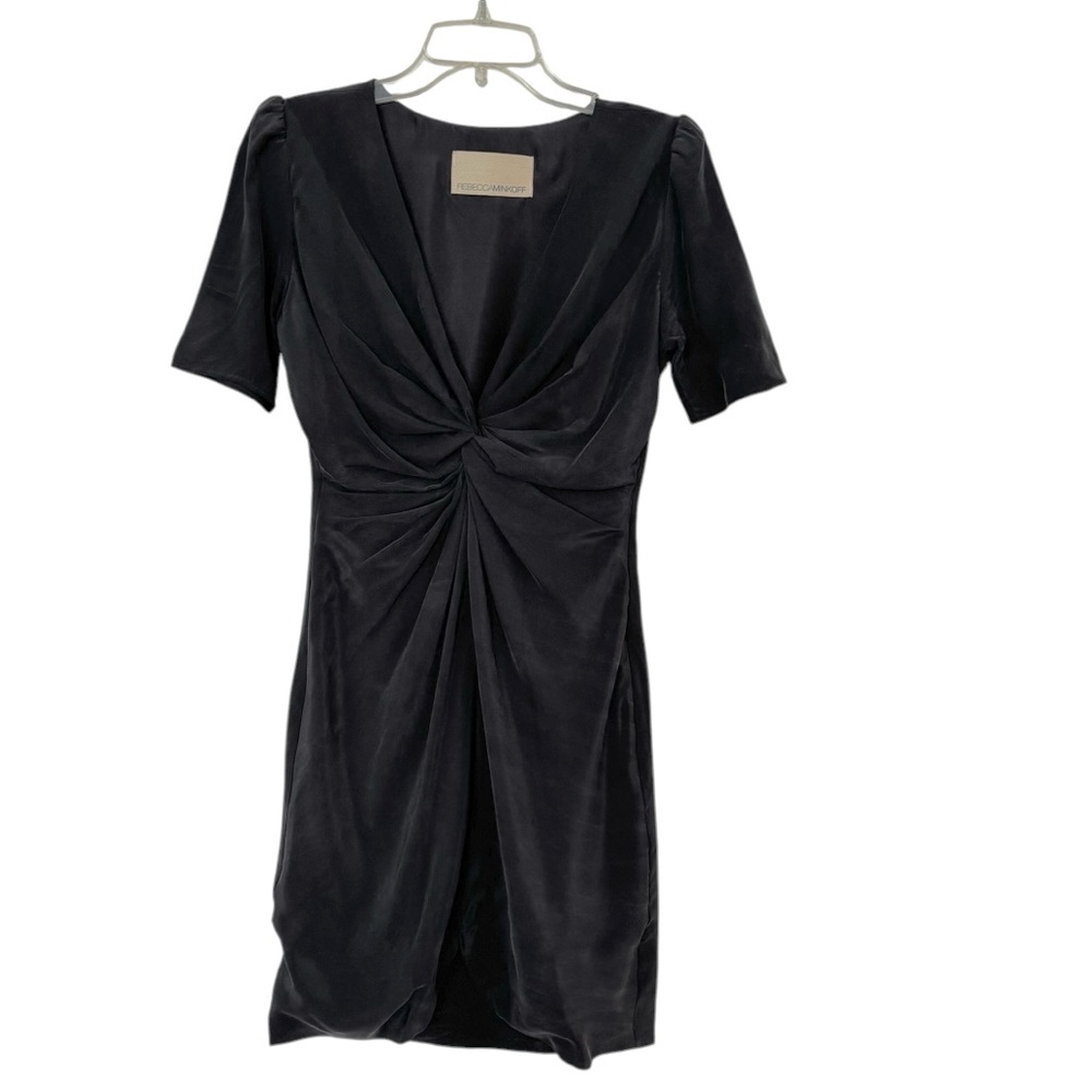 Rebecca Minkoff Black Silk Short Sleeve Dress V- Neck Gathered Front Size 2